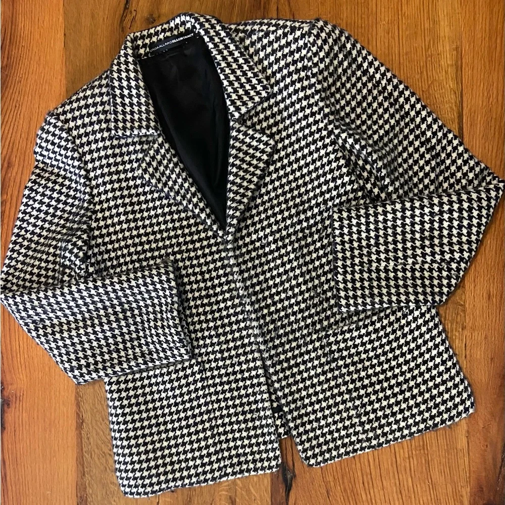 Ellen Tracy Black/Ivory Blend Houndstooth Wool/Cashmere Open Front Blazer, Sz 6 - Picture 1 of 10